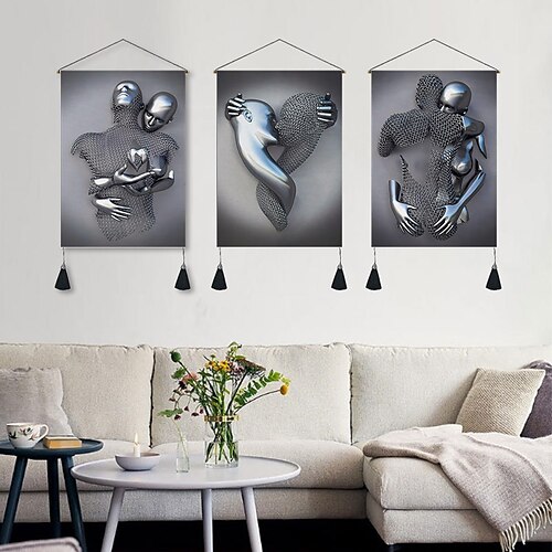 

Lot de 3 tapisseries murales bohèmes tissées modernes abstraites - Décoration artistique - Couverture - Rideau à suspendre - Décoration nordique pour la maison, la chambre à coucher, le salon - Gland