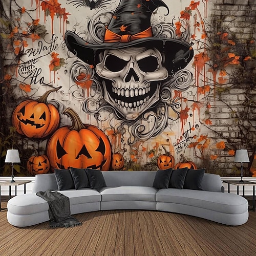 

Halloween abóbora crânio pendurado tapeçaria arte da parede grande tapeçaria mural decoração fotografia pano de fundo cobertor cortina casa quarto sala de estar decoração decorações de halloween