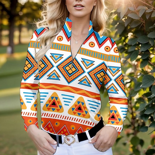 

Damen poloshirt Golfhemd Atmungsaktiv Schnelltrocknend Feuchtigkeitsableitung Langarm Golfbekleidung Golfkleidung Regular Fit 1/4 Reißverschluss Stehkragen Geometrie Frühling Herbst Tennis Golfspiel