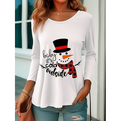 

Damen T Shirt Weihnachts-Shirt Weiß Schneemann Bedruckt Langarm Weihnachten Wochenende Fest / Feiertage Rundhalsausschnitt Regular Fit Farbe Frühling Herbst