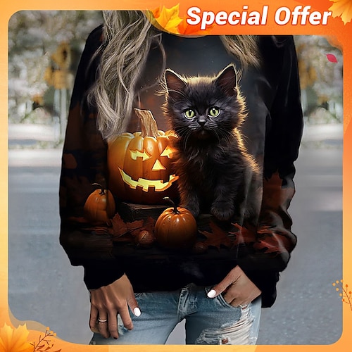 

Damen Halloween Sweatshirt Zur Seite fahren Aktiv Sport Schwarz Kürbis Halloween Casual Rundhalsausschnitt Langarm Oberteil Mikro-elastisch Herbst Winter
