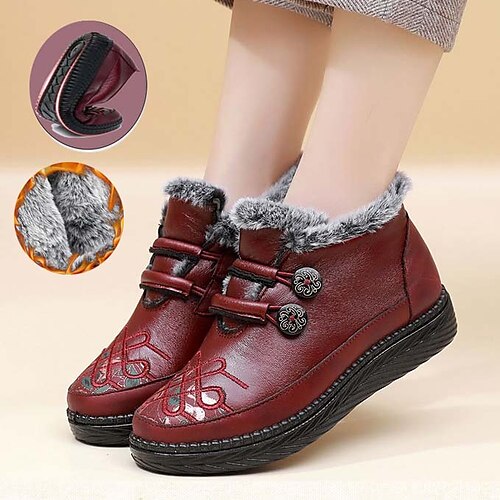 

Women's Boots Snow Boots Plus Size Outdoor Daily Fleece Lined Booties Ankle Boots Winter Embroidery Flower Flat Heel Round Toe Plush Casual Comfort PU Solid Color Floral Black Red