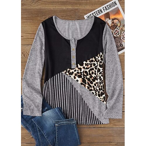 

Damen T Shirt Schwarz Leopard Farbblock Taste Bedruckt Langarm Täglich Wochenende Basic Rundhalsausschnitt Regular Fit Farbe Frühling Herbst