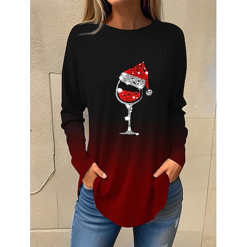 

Mujer Camiseta Camisa de Navidad Negro Blanco Amarillo Gradiente de Color Copa de vino Diamantes Sintéticos Estampado Manga Larga Navidad Fin de semana Festival / Vacaciones Escote Redondo Ajuste