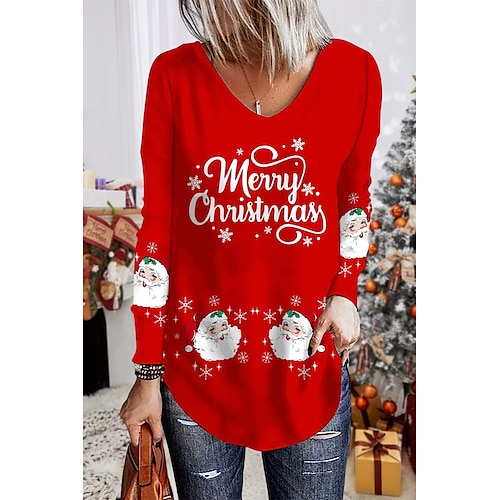 

Women's T shirt Tee Christmas Shirt Letter Santa Claus Pink Army Green Red Print Long Sleeve Party Christmas Weekend Festival / Holiday Christmas V Neck Regular Fit Spring & Fall
