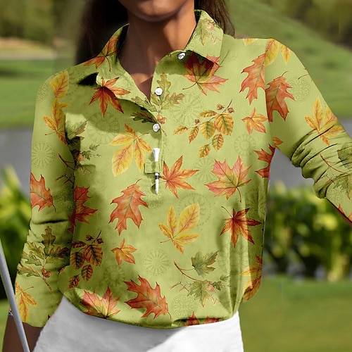 

Femme T-shirt POLO Chemise de golf Polo boutonné Respirable Séchage rapide Evacuation de l'humidité manche longue Vêtements de golf Top Standard Feuille Printemps Automne Tennis Le golf Pickleball