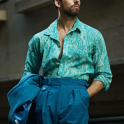 

Homens Camisa Social Estampado Cashemere Aberto para a Lateral Azul Ao ar livre Rua Manga Longa Imprimir Roupa Moda Roupa de rua Designer Casual