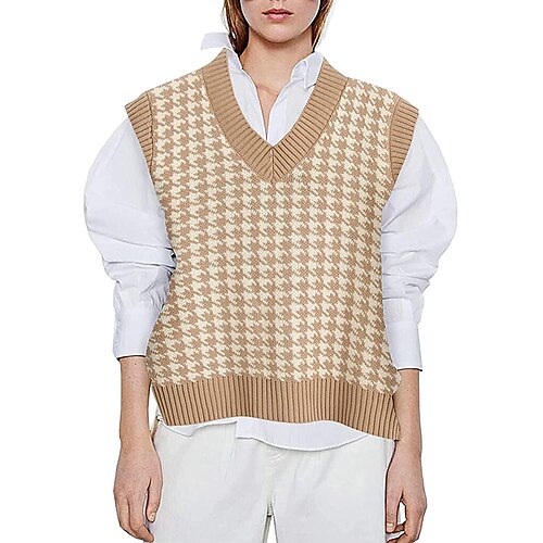 

Women's Sweater Vest Jumper Ribbed Knit Regular Patchwork Color Block V Neck Stylish Casual Home Daily Lantern Sleeve Summer Spring Black White S M L