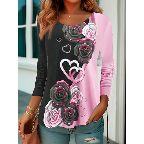 

Women's T shirt Tee Yellow Pink Blue Floral Heart Print Long Sleeve Daily Weekend Fashion Round Neck Regular Fit Floral Painting Spring Fall