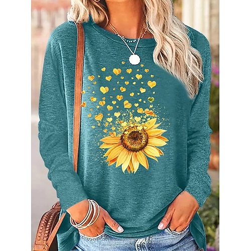 

Women's T shirt Tee Black Pink Green Sunflower Print Long Sleeve Holiday Weekend Fashion Round Neck Regular Fit Floral Painting Spring Fall