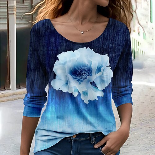 

Mujer Camiseta Azul Piscina Floral Estampado Manga Larga Festivos Fin de semana Moda Escote Redondo Ajuste regular Flor Pintura Primavera Otoño