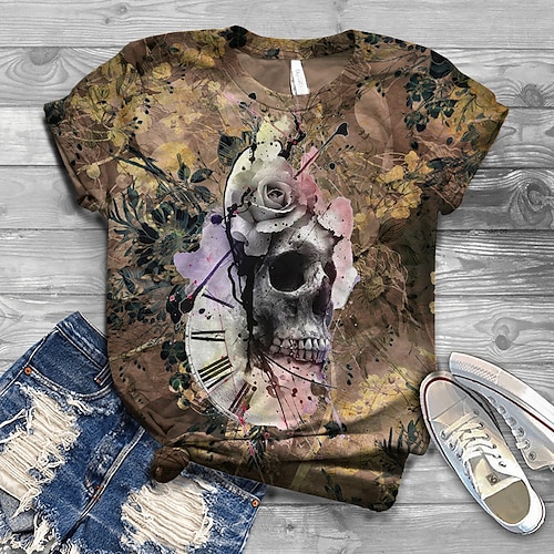 

Women's T shirt Tee Halloween Shirt Black Yellow Orange Skull Print Short Sleeve Halloween Weekend Festival / Holiday Round Neck Regular Fit Painting Summer