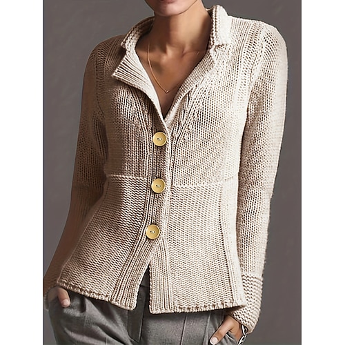 

Women's Cardigan Sweater Jumper Ribbed Knit Regular Button Solid Color Shirt Collar Stylish Casual Outdoor Daily Fall Winter Khaki XL 2XL 3XL