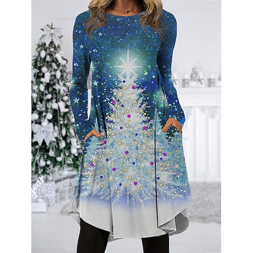 

Damen-Weihnachtsarbeitskleid, Freizeitkleid, modisches Winterkleid, tägliches Midikleid, Taschendruck, Rundhalsausschnitt, lange Ärmel, Schneemannbaum, normale Passform, Weinrot, Marineblau, Herbst