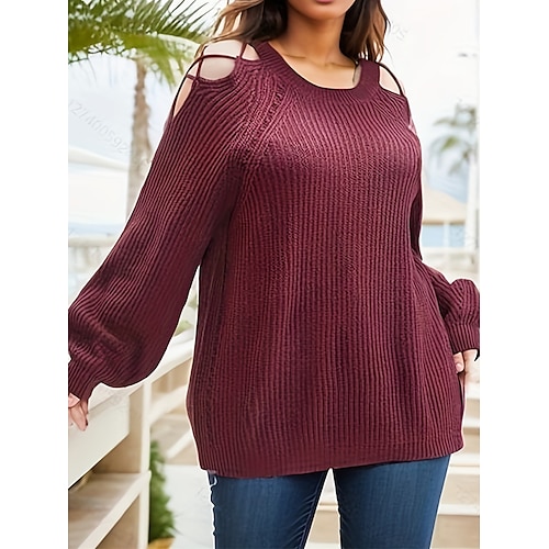 

Women's Plus Size Pullover Sweater Jumper Ribbed Knit Regular Cold Shoulder Hole Solid Color Crew Neck Stylish Casual Outdoor Daily Fall Winter Wine XL 2XL 3XL