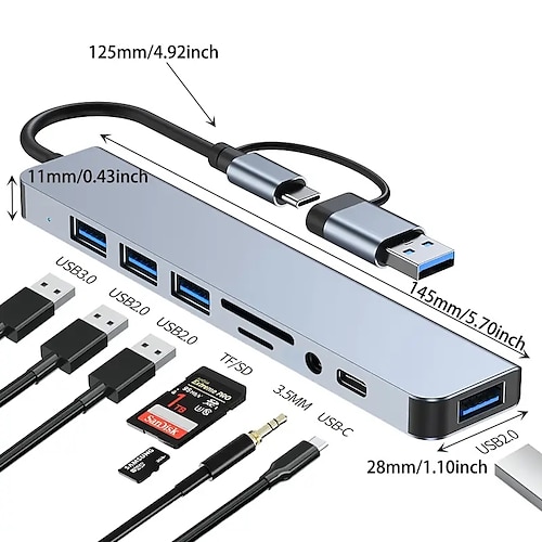 

8 In 1 USB Hub Dual Purpose Hub With USB & Type C Interfaces 8-port USB C Hub With USB 3.0 USB 2.0 Micro SD/TF Card Reader Microphone/audio & Other Interfaces