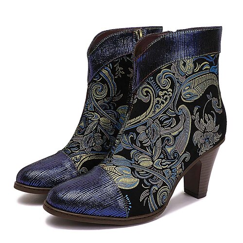 

Mujer Botas Tallas Grandes Fiesta Diario Cremallera Flor Tacón Cuadrado Dedo Puntiagudo Vintage Casual Confort Cuero Cremallera Floral Bordado Azul