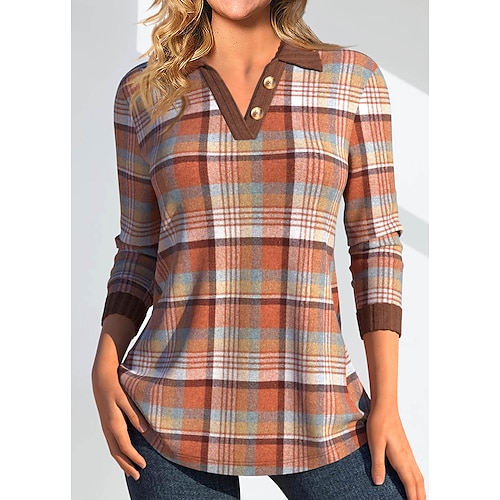 

Femme T shirt Tee Orange Plaid Bouton Imprimer manche longue du quotidien Fin de semaine Mode Col V Standard Peinture Printemps Automne
