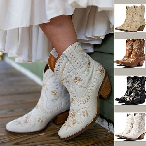 

Mujer Botas Botas cowboy Tallas Grandes Zapatos antiguos Fiesta Exterior Diario Botines Botines Bordados Flor Tacón Cuadrado Dedo Puntiagudo Vintage Moda Casual PU Floral Negro Blanco Marrón