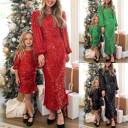 

Maman et moi Noël Robes Couleur unie Ecole Noir Rouge Vert manche longue Midi Tenues maman et moi Actif Tenues assorties