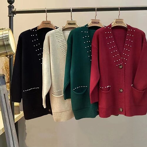 

Mujer Chaqueta de Punto Puente Estriado Tejer Regular Botón Bolsillo Color sólido Escote en Pico Elegante Casual Exterior Diario Otoño Invierno Negro Vino Tamaño Único