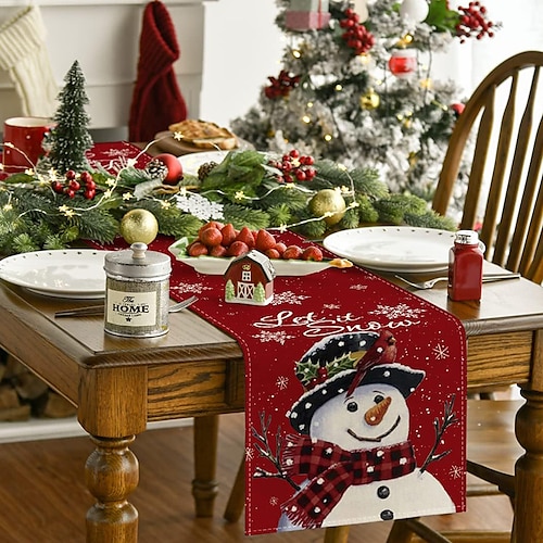 

Christmas Snowman Merry Xmas Table Runner, Seasonal Winter Holiday Kitchen Dining Table Decoration for Indoor Outdoor Home Party Decor Christmas Decoration