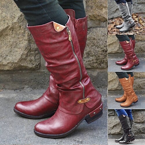 

Mujer Botas Botas de Moto Tallas Grandes Exterior Diario Botas hasta la rodilla Tacón Cuadrado Dedo redondo Vintage Clásico Casual PU Cordones Color sólido Vino Negro Caqui