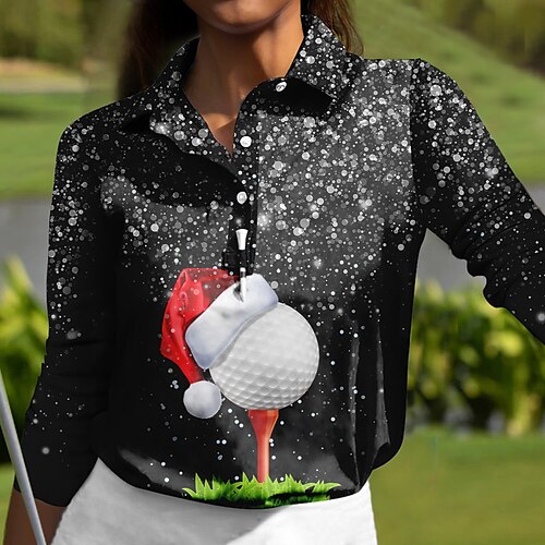 

Women's Polo Shirt Christmas Golf Shirt Button Up Polo Breathable Quick Dry Moisture Wicking Long Sleeve Golf Apparel Golf Clothes Regular Fit Printed Spring Autumn Tennis Golf Pickleball