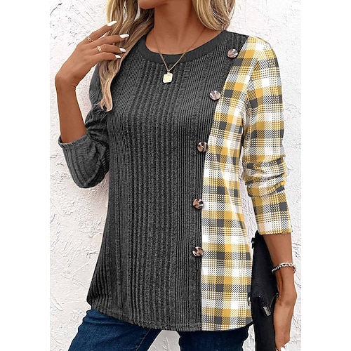 

Femme T shirt Tee Gris Plaid Bouton Imprimer manche longue du quotidien Fin de semaine Mode Col Rond Standard Peinture Printemps Automne