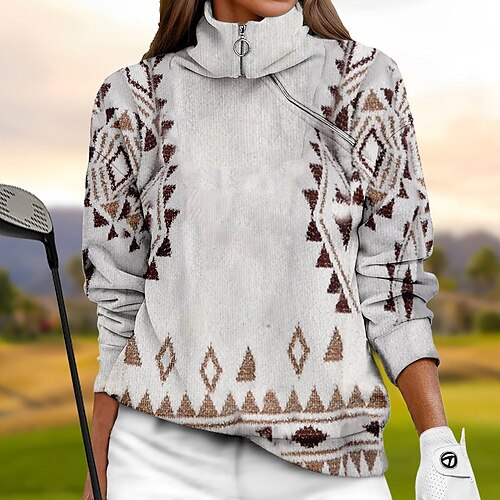 

Women's Golf Hoodie Golf Pullover Golf Sweatshirt Thermal Warm Breathable Moisture Wicking Long Sleeve Golf Outerwear Top Regular Fit 1/4 Zip Stand Collar Geometry Spring Autumn Tennis Golf Pickleball