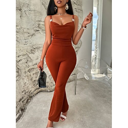 

Women's Jumpsuit Backless High Waist Solid Color V Neck Streetwear Street Daily Slim Sleeveless Brown S M L Fall