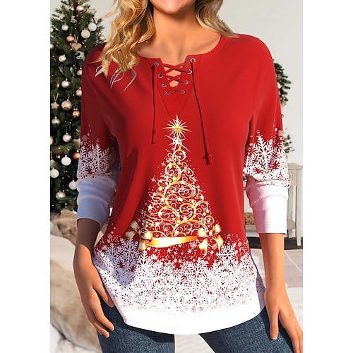 

Mujer Camiseta Camisa de Navidad Rojo Árbol de Navidad Copo Estampado Manga Larga Fiesta Navidad Fin de semana Festival / Vacaciones Escote en Pico Ajuste regular Pintura Primavera Otoño