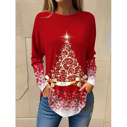 

Mujer Camiseta Camisa de Navidad Negro Rojo Azul Piscina Árbol de Navidad Estampado Manga Larga Navidad Fin de semana Festival / Vacaciones Escote Redondo Ajuste regular Pintura Primavera Otoño