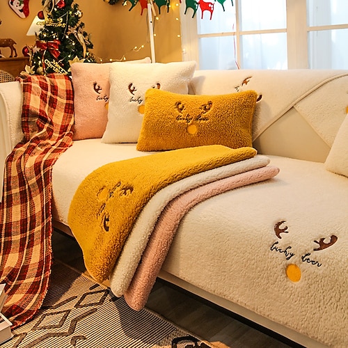 

Chirstmas Decor Sofa Slipcover Sherpa Fleece Sofa Seat Cover Sectional Couch Covers Velvet Sofa Cover,Furniture Protector Anti-Slip Couch Covers for Dogs Cats Kids(Sold by Piece/Not All Set)