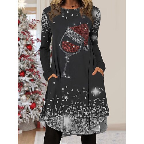 

Women's Christmas Work Dress Casual Dress Fashion Winter Dress Daily Midi Dress Pocket Print Crew Neck Long Sleeve Snowman Hat Regular Fit Black White Gray Fall Winter S M L XL XXL