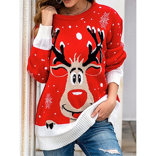 

Women's Ugly Christmas Sweater Pullover Sweater Jumper Jumper Ribbed Knit Regular Patchwork Elk Crew Neck Stylish Casual Christmas Daily Fall Winter Black Red S M L