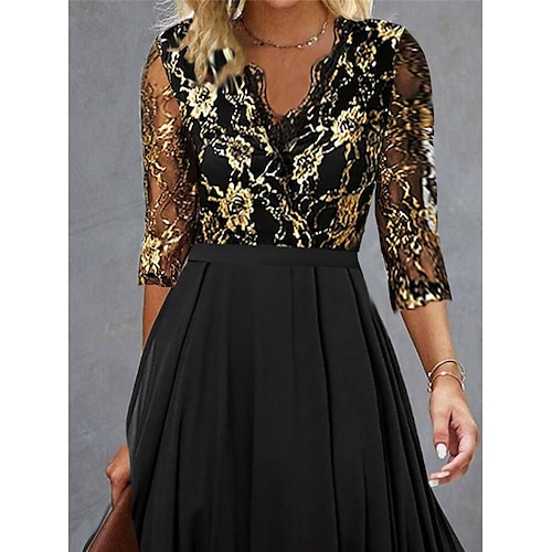  Damen schwarzes kleid Spitzenkleid abendkleider Chiffon Spitze Patchwork V Ausschnitt 3/4 Ärmel Midikleid Formal Urlaub Schwarz Frühling Winter