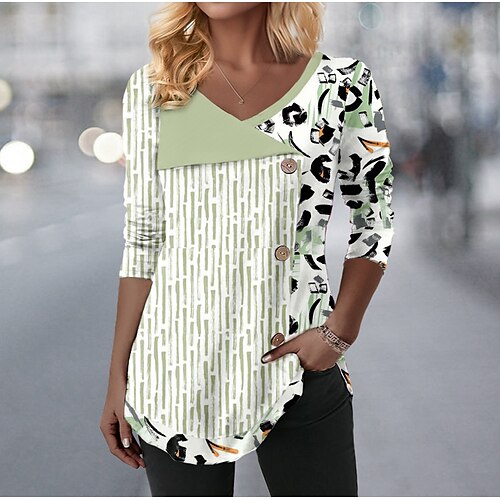 

Damen T Shirt Grün Graphic Gestreift Taste Bedruckt Langarm Täglich Wochenende Modisch V Ausschnitt Regular Fit Farbe Frühling Herbst