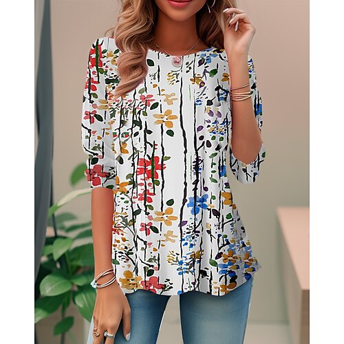 

Femme T shirt Tee Noir Blanche Rose Claire Floral Imprimer manche longue Vacances Fin de semaine Mode Col Rond Standard Fleur Peinture Printemps Automne