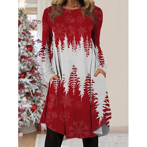 

Women's Christmas Work Dress Casual Dress Fashion Winter Dress Daily Midi Dress Pocket Print Crew Neck Long Sleeve Plaid Tree Regular Fit Wine Red Gold Fall Winter S M L XL XXL