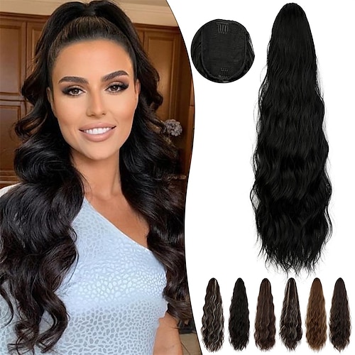 

Fanguilar extensión de cola de caballo 24 pulgadas de largo rizado ondulado cordón extensión de cola de caballo extensiones de cabello sintético cola de caballo para mujeres uso diario negro natural