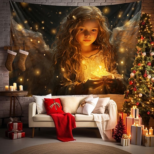 

Tapiz colgante de niña ángel de Navidad, arte de pared, tapiz grande de Navidad, decoración mural, fotografía, telón de fondo, manta, cortina, hogar, dormitorio, sala de estar