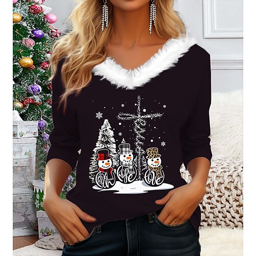 

Damen T Shirt Weihnachts-Shirt Schwarz Schneemann Weihnachtsbaum Bedruckt Langarm Weihnachten Wochenende Fest / Feiertage V Ausschnitt Regular Fit Farbe Herbst Winter