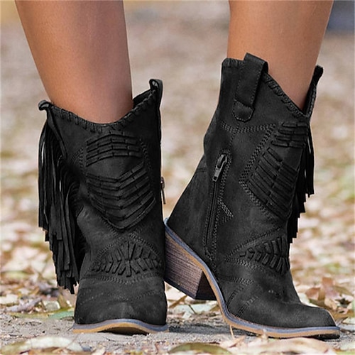 

Women's Boots Cowboy Boots Plus Size Daily Booties Ankle Boots Winter Tassel Block Heel Round Toe Vintage Casual Faux Leather Solid Color Black Brown Khaki