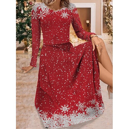 

Damen Arbeitskleidung Casual kleid Schaukelkleid Modisch winterkleider damen Weihnachten Täglich Midikleid Bedruckt Rundhalsausschnitt Langarm Schneeflocke Regular Fit Wein Blau Purpur Herbst Winter