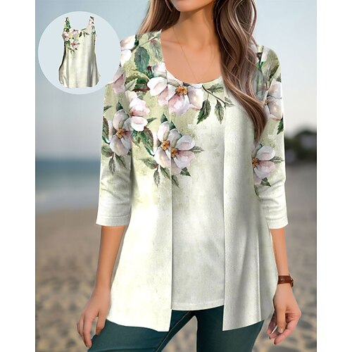 

Women's Blouse 2 Pieces Outfits Green Floral Print 3/4 Length Sleeve Casual Holiday Fashion Round Neck Regular Fit Spring Fall