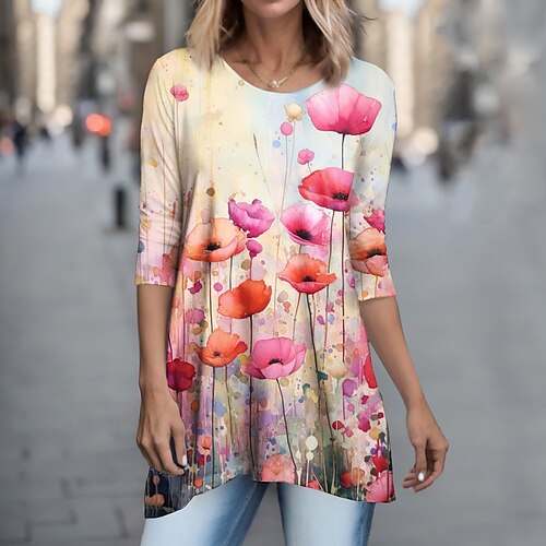 

Femme T shirt Tee Rose Claire Floral Tunique fluide Imprimer manche longue Vacances Fin de semaine Mode Col Rond Standard Fleur Peinture Printemps Automne