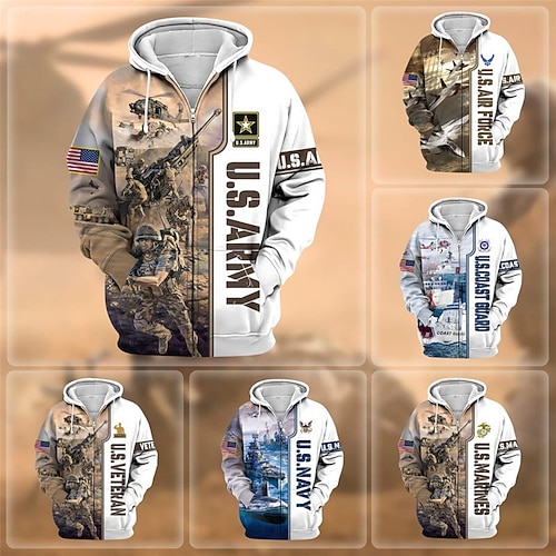 

Estampados Soldier Clásico Casual Táctico Hombre Impresión 3D Sudadera con cremallera La chaqueta con capucha Sudadera con capucha de lana Festivos Vacaciones Noche Sudaderas Amarillo Oscuro Marrón