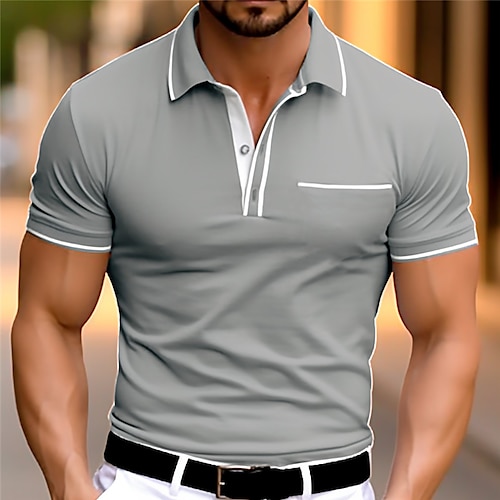 

Men's Button Up Polos Polo Shirt Casual Sports Lapel Short Sleeve Fashion Basic Color Block Patchwork Front Pocket Summer Regular Fit Deep Green Burgundy Navy Blue Gray Button Up Polos