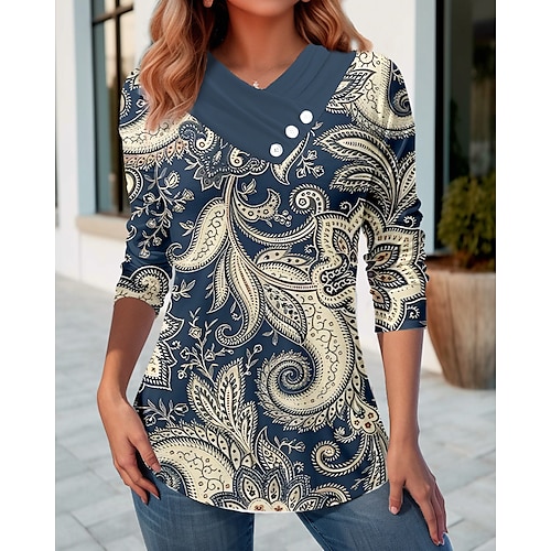 

Damen T Shirt Blau Purpur Braun Paisley-Muster Bedruckt Langarm Täglich Wochenende Basic V Ausschnitt Regular Fit Farbe Frühling Herbst